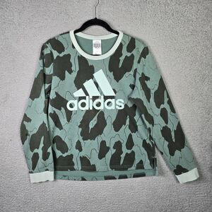 Adidas Sweatshirt Womens S Green Black Camo Pullover Logo Spell Out Streetwear
